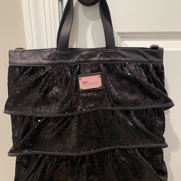 RED VALENTINO | Black Leather and Canvas Ruffled Sequin Lg Tote Bag - Picture 2 of 8